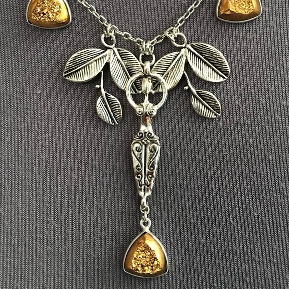 Freya Norse Mythology Goddess Handmade Viking Necklace, Sword, Gold Druzy Drops - Picture 4 of 16